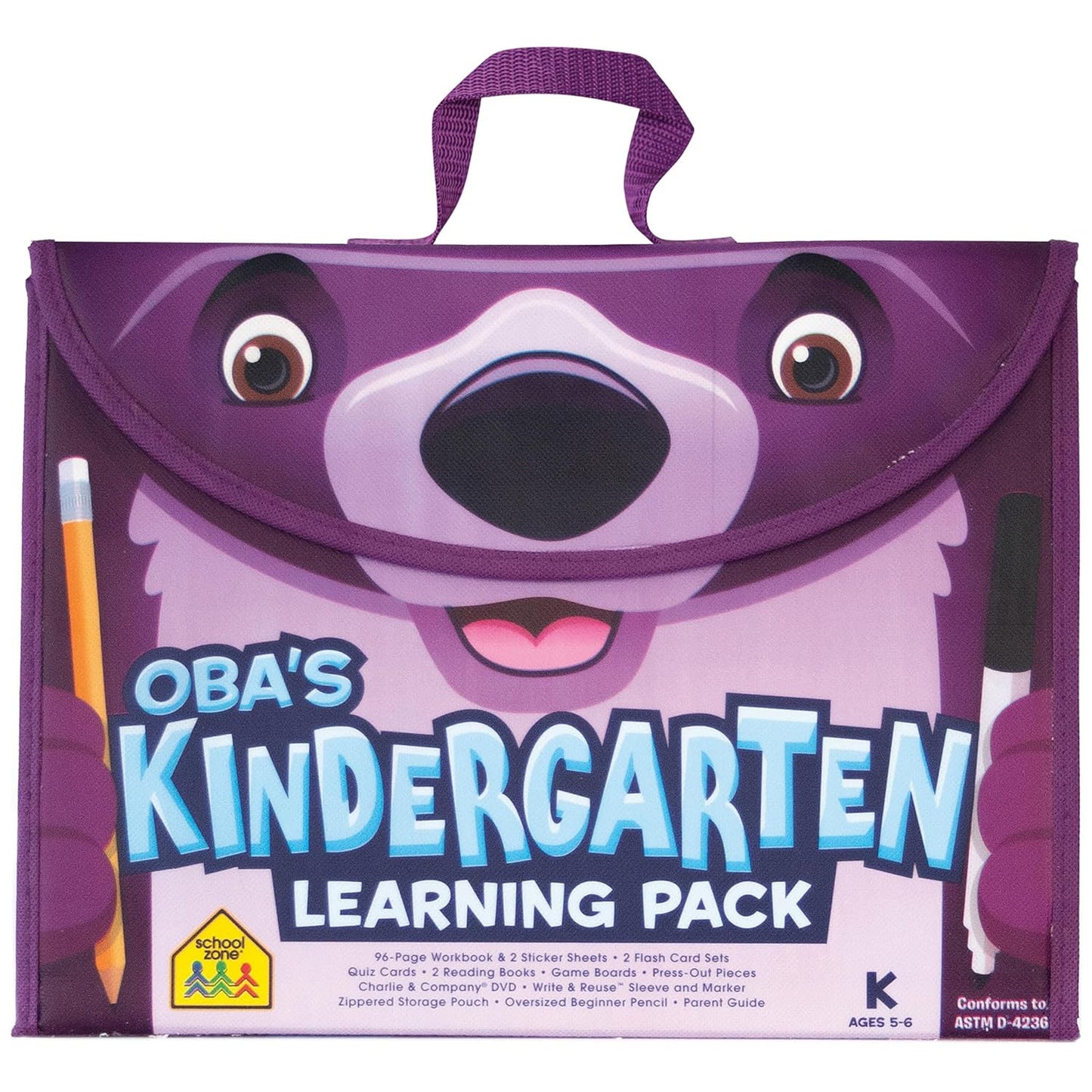School Zone - Oba’s Kindergarten Learning Pack - Workbook, Flash Cards, Early Reading Books, Math, Writing Skills, Write & Reuse, Educational Games, Carrying Case, Pencil & Wipe-Clean Marker