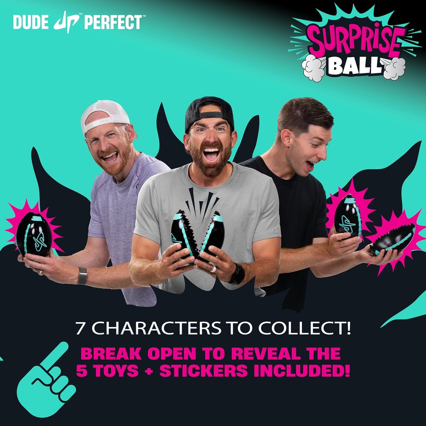 Dude Perfect Surprise Ball for Kids with 5 Toys + Sticker Pack, Unwrap Hidden Prizes and a Mystery Character, Collect All 7 Characters