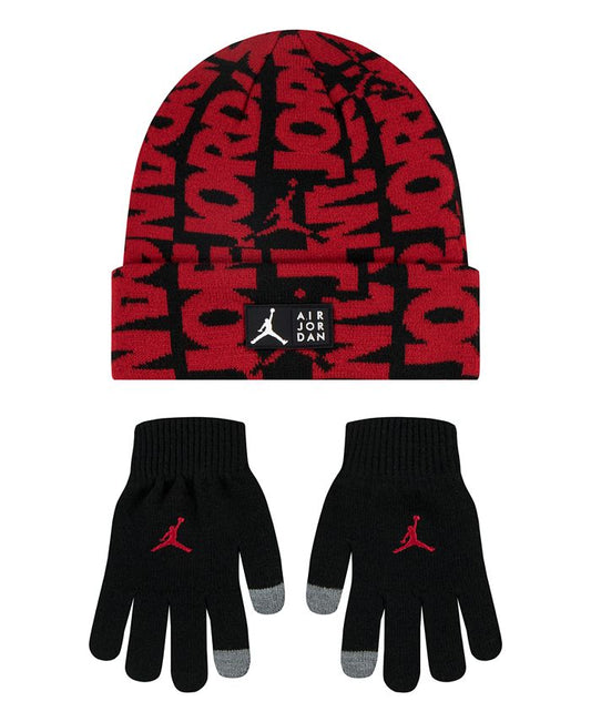 Big Boys All Over Print Beanie and Gloves Set Size Black&Red 8-20