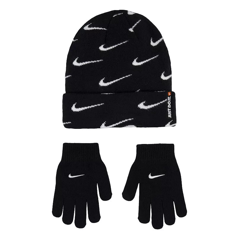 Nike Big Boys Swoosh Repeat Beanie and Gloves Set of 2 Size 8-20 Color Black