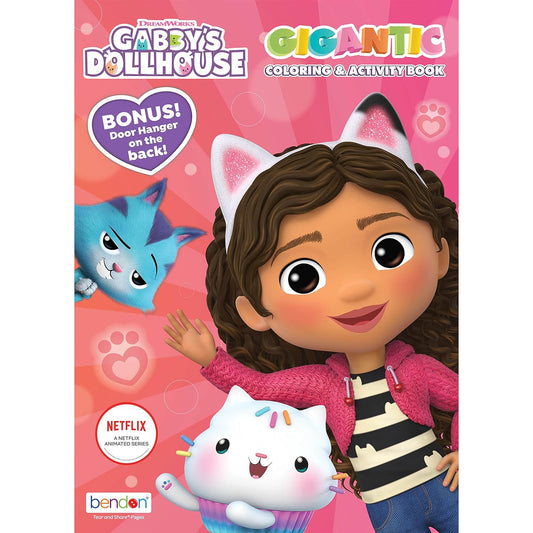 Gabby’s Dollhouse Giant Activity kit includes: 5 crayons, 1 Foldout poster, 1 coloring book, 1 activity book, 1 velvet poster, 2 sticker sheets, 1 foam keychain with clip