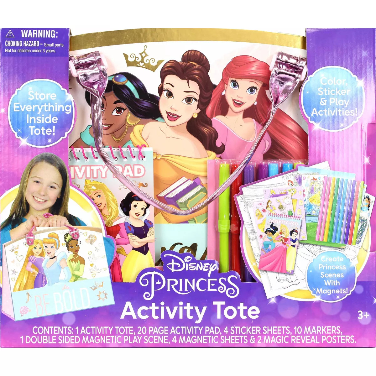 Disney Princess Giant Activity Kit includes: 5 crayons, 1 Foldout poster, 1 coloring book, 1 activity book, 1 velvet poster, 2 sticker sheets, 1 foam keychain with clip