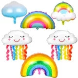 6 Piece Rainbow Cloud Mylar Balloons with Rainbow Bridge, Smiling Face Tassel Foil Balloon