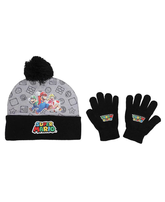 Super Mario Boys Brothers and Princess Peach Youth Cuff Beanie and Gloves Set