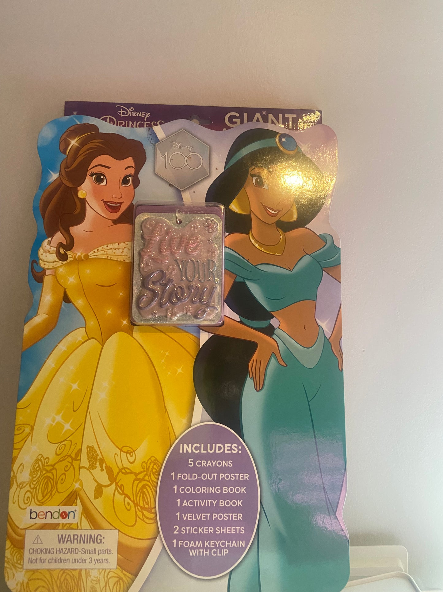 Disney 100 Giant Activity kit includes: 5 crayons, 1 Foldout poster, 1 coloring book, 1 activity book, 1 velvet poster, 2 sticker sheets, 1 foam keychain with clip