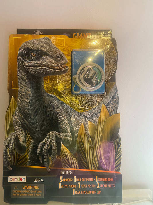 Jurassic World Giant Activity kit includes: 5 crayons, 1 Foldout poster, 1 coloring book, 1 activity book, 1 velvet poster, 2 sticker sheets, 1 foam keychain with clip