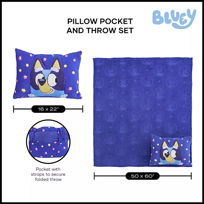 Bluey Licensed Character 2 pc Kids Pillow Pocket and Throw Set